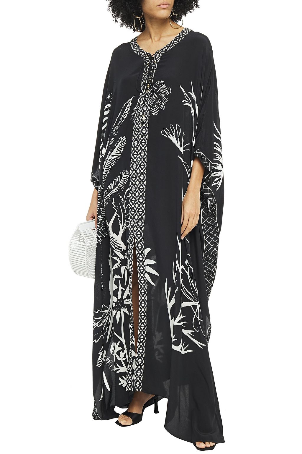 CAMILLA Tie-neck embellished printed silk-crepon kaftan