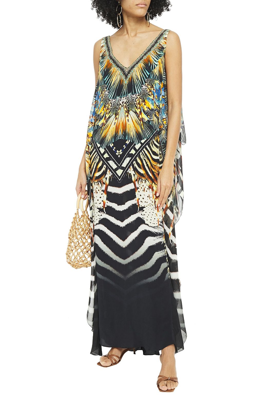 CAMILLA Layered crystal-embellished printed chiffon and silk crepe de chine maxi dress