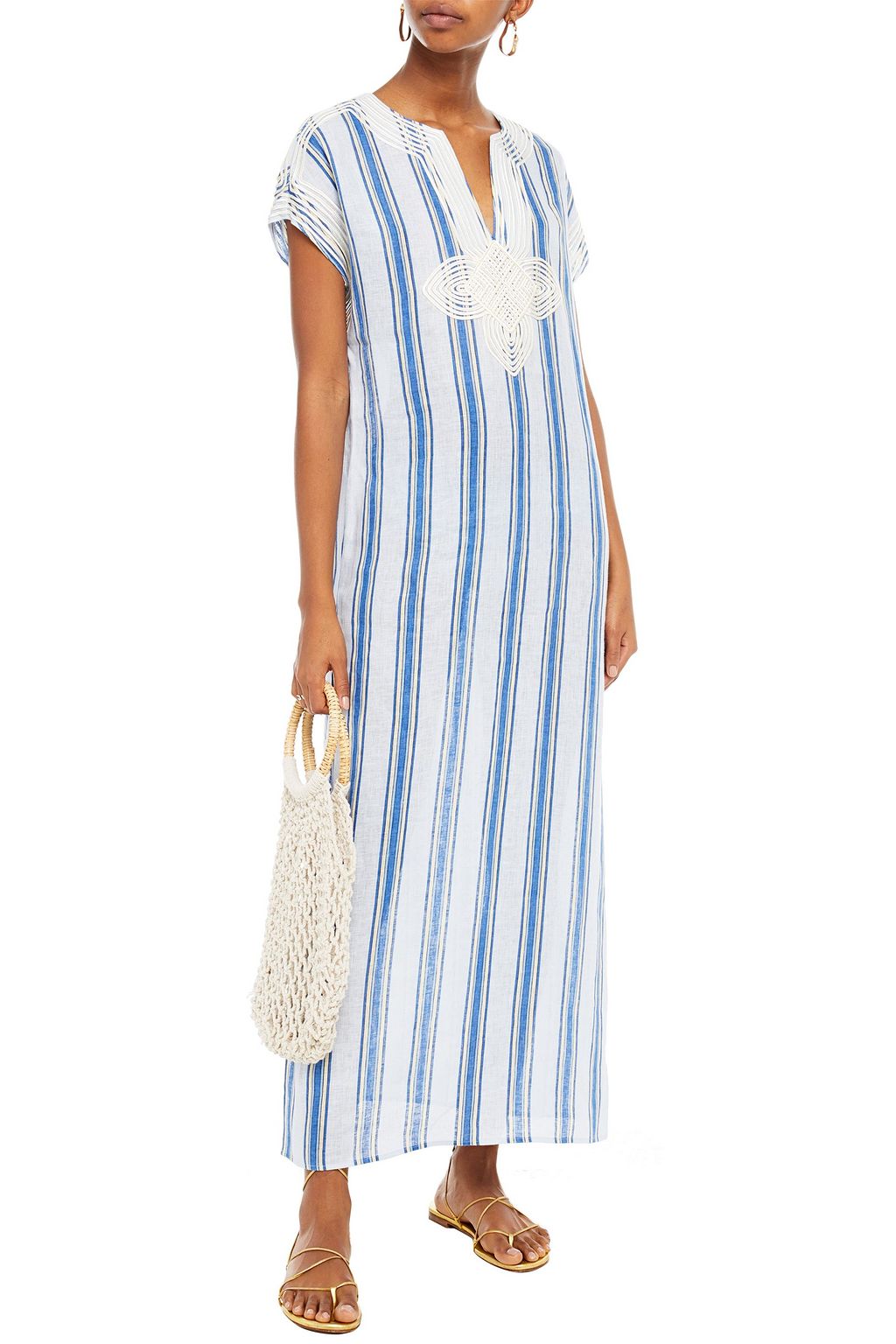 TORY BURCH Embroidered striped linen kaftan