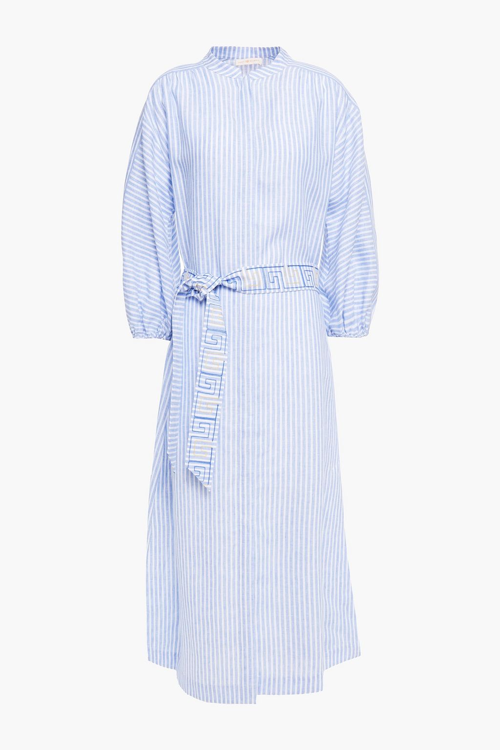 TORY BURCH Belted embroidered striped linen midi shirt dress | THE OUTNET