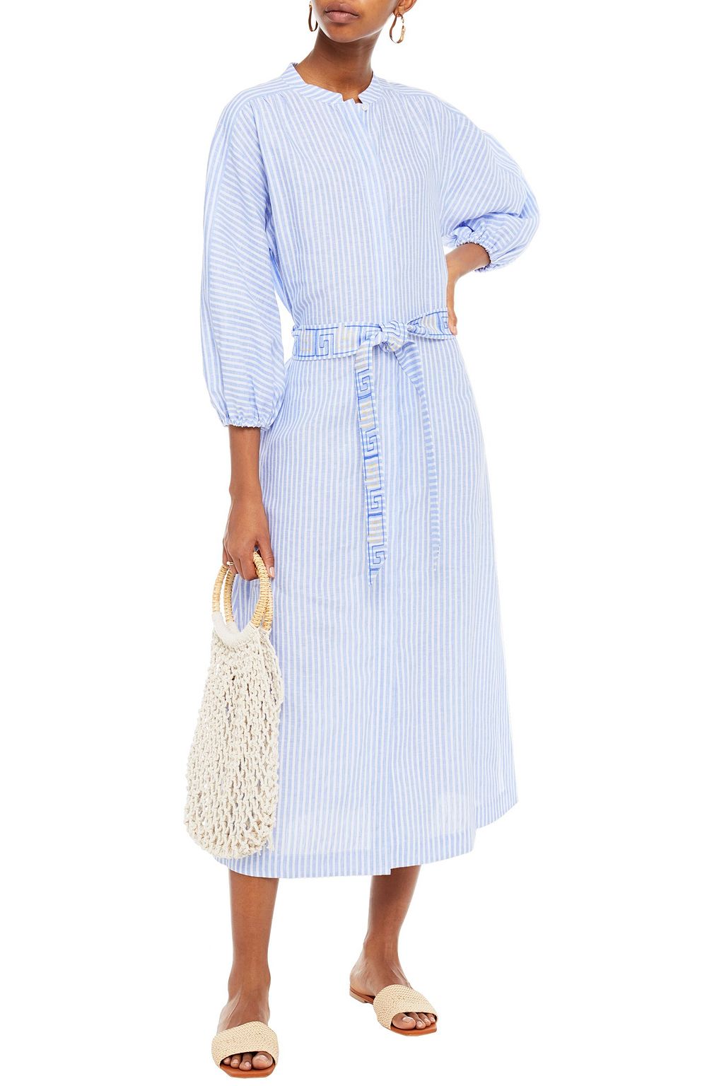 TORY BURCH Belted embroidered striped linen midi shirt dress | THE OUTNET