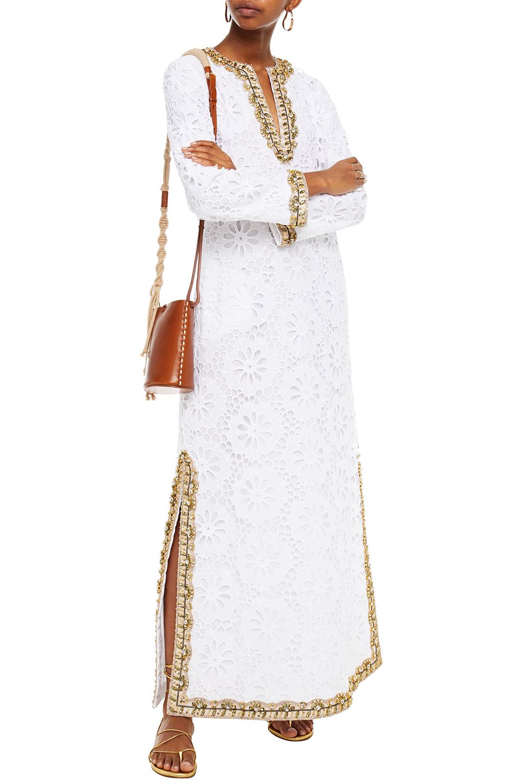 TORY BURCH Embellished broderie anglaise cotton maxi dress