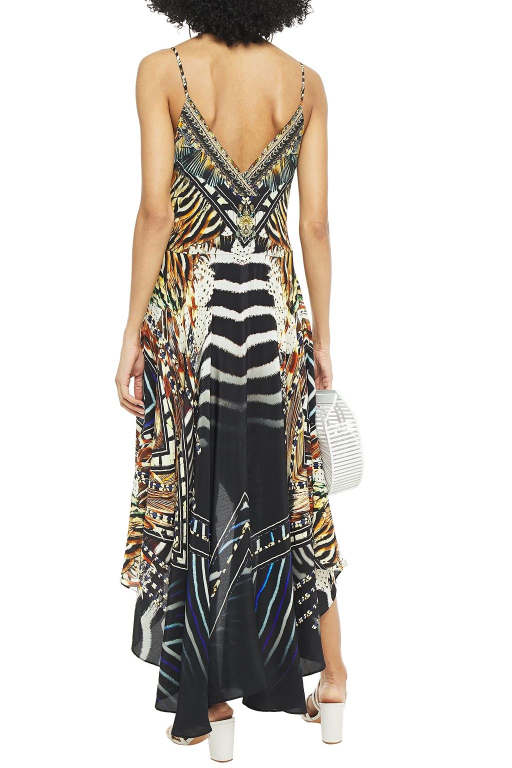 CAMILLA Asymmetric crystal-embellished printed silk crepe de chine midi dress