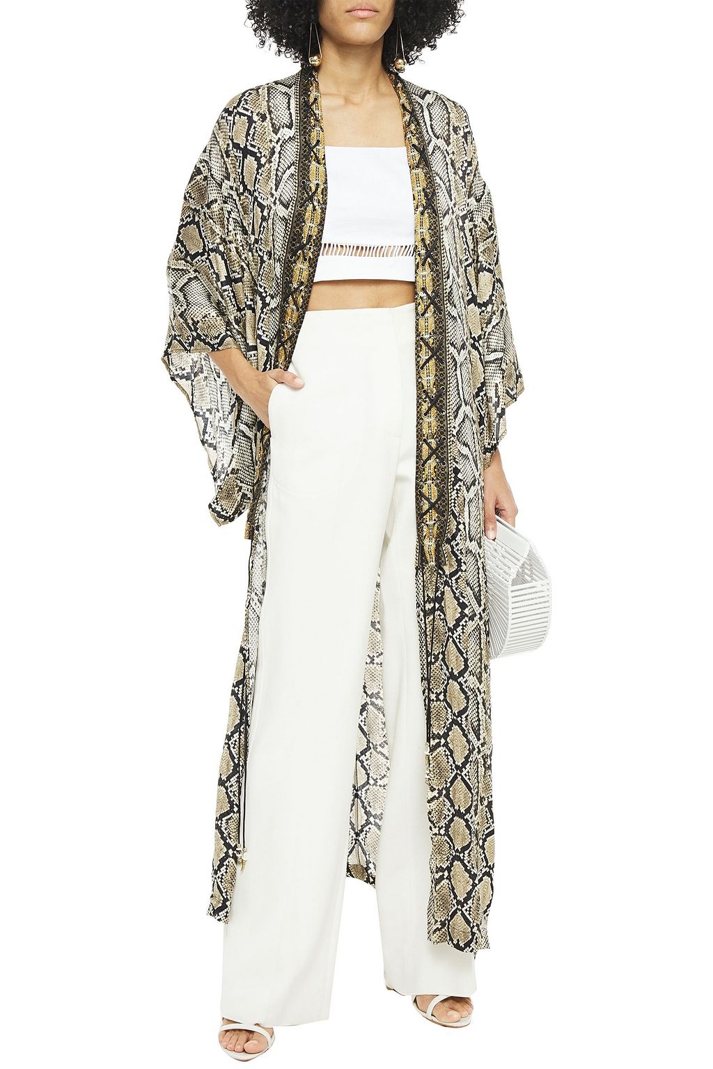 CAMILLA Lace-up crystal-embellished snake-print silk crepe de chine kimono