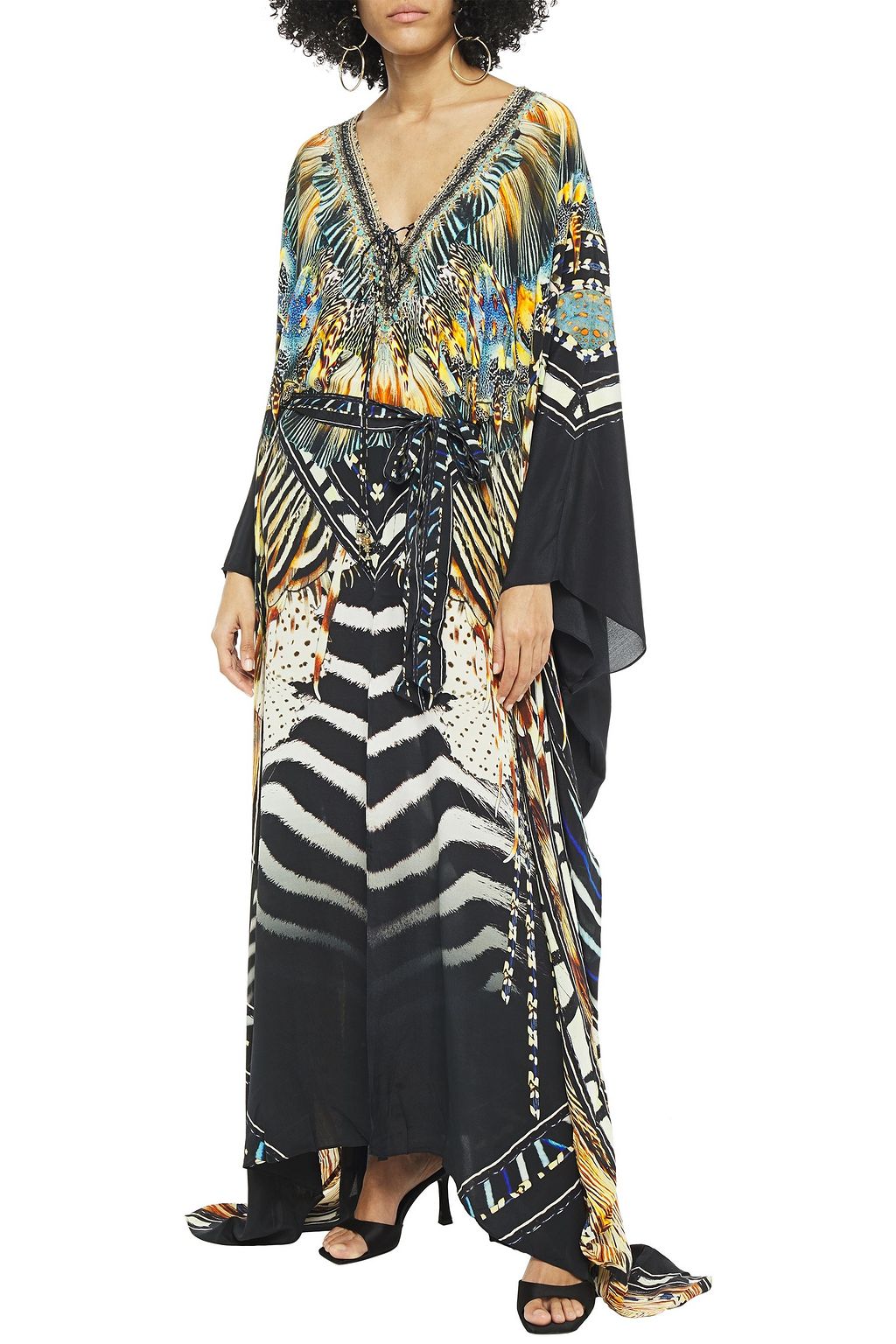 CAMILLA Belted embellished printed silk crepe de chine kaftan