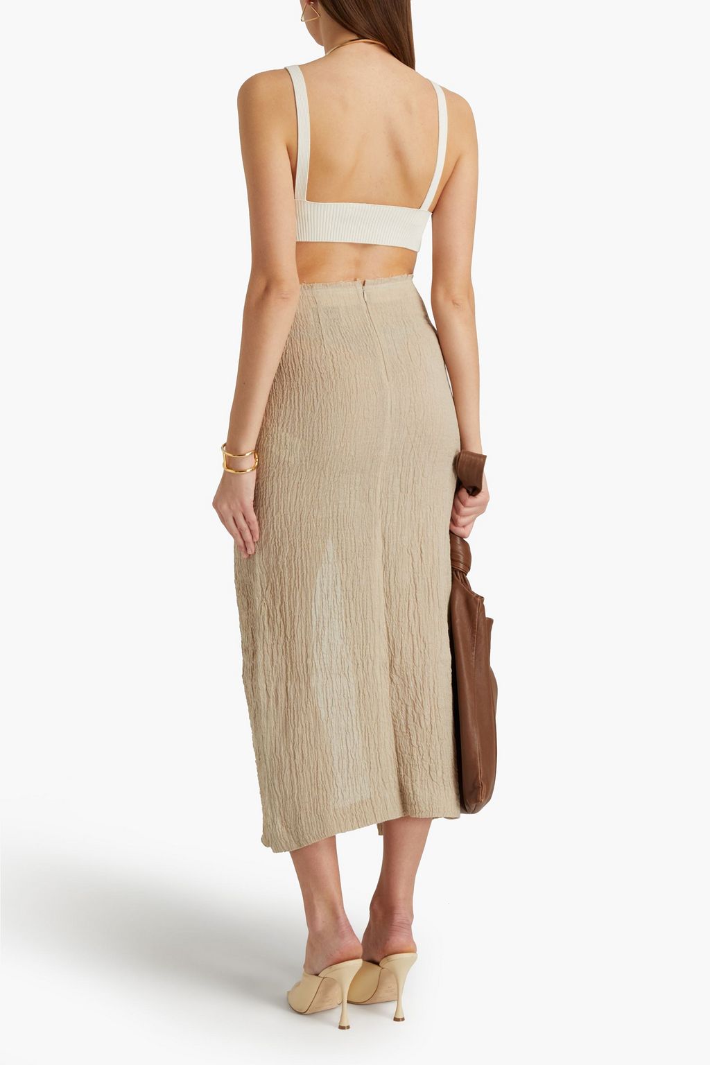 NANUSHKA Frayed crinkled-linen midi skirt