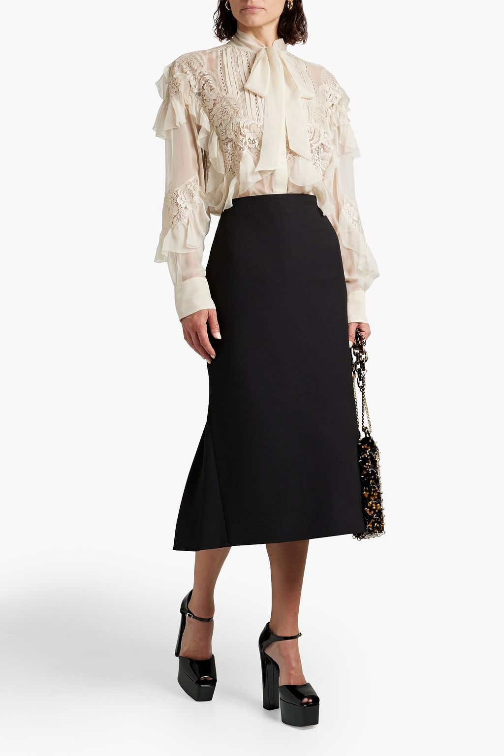 VALENTINO GARAVANI Bluse aus Seidenchiffon mit Einsätzen aus schnurgebundener Spitze und Rüschen