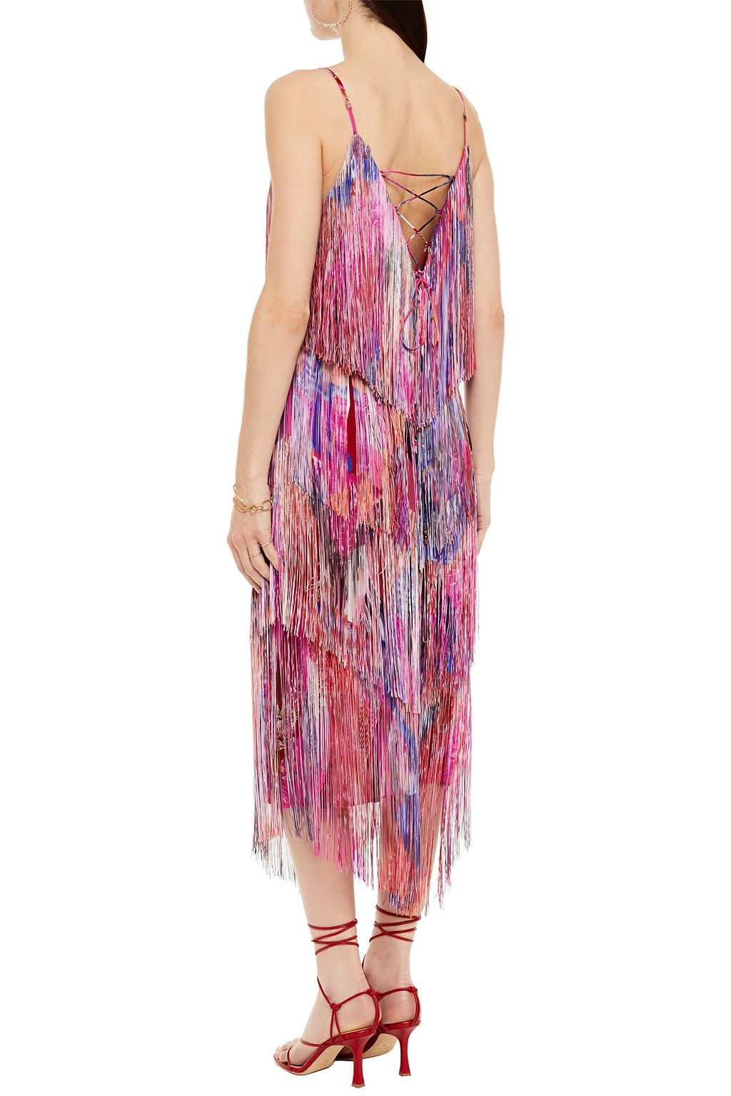 CAMILLA Lace-up fringed printed silk crepe de chine midi dress