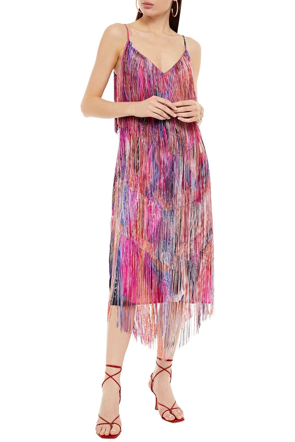 CAMILLA Lace-up fringed printed silk crepe de chine midi dress