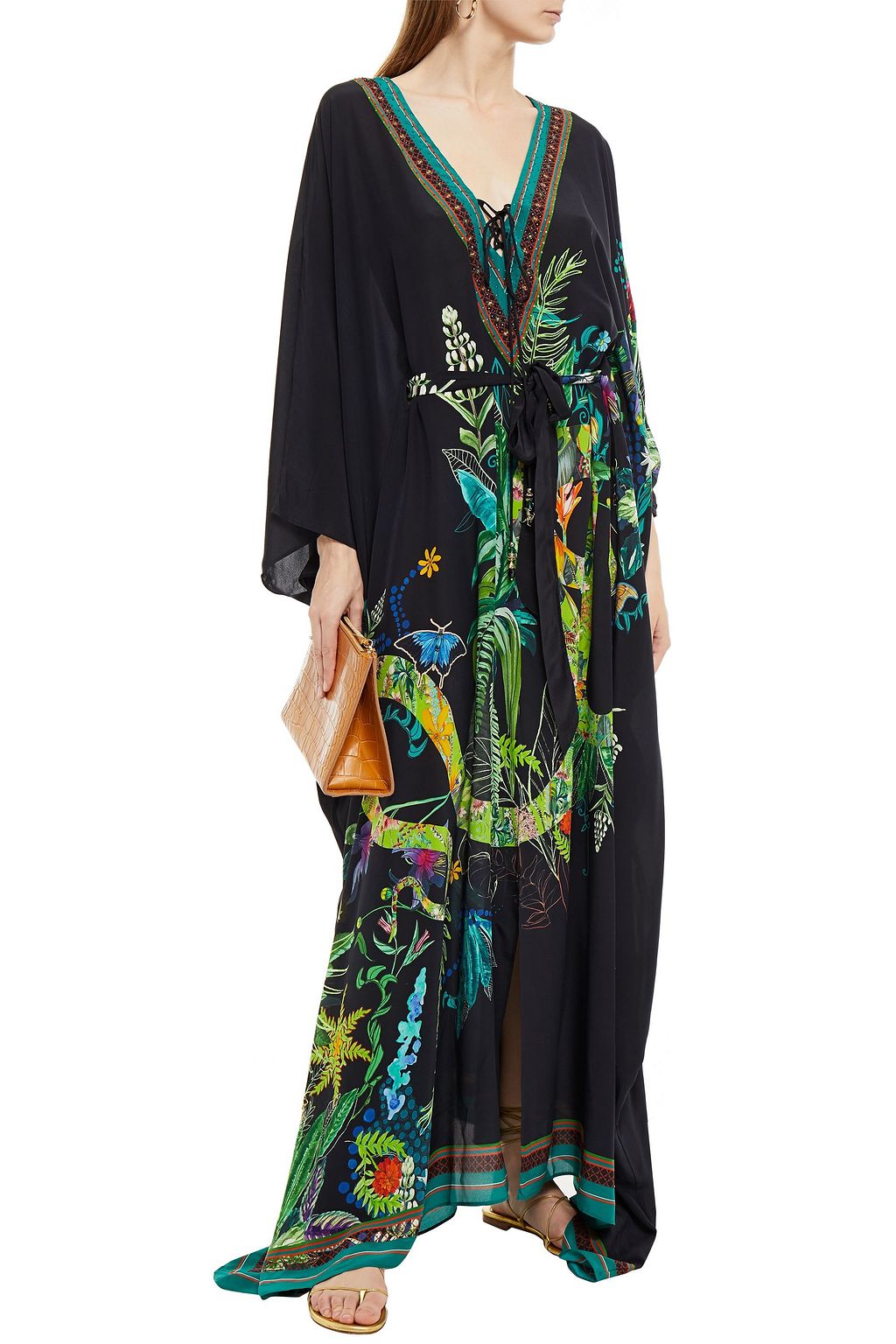 CAMILLA Lace-up crystal-embellished printed silk crepe de chine kaftan