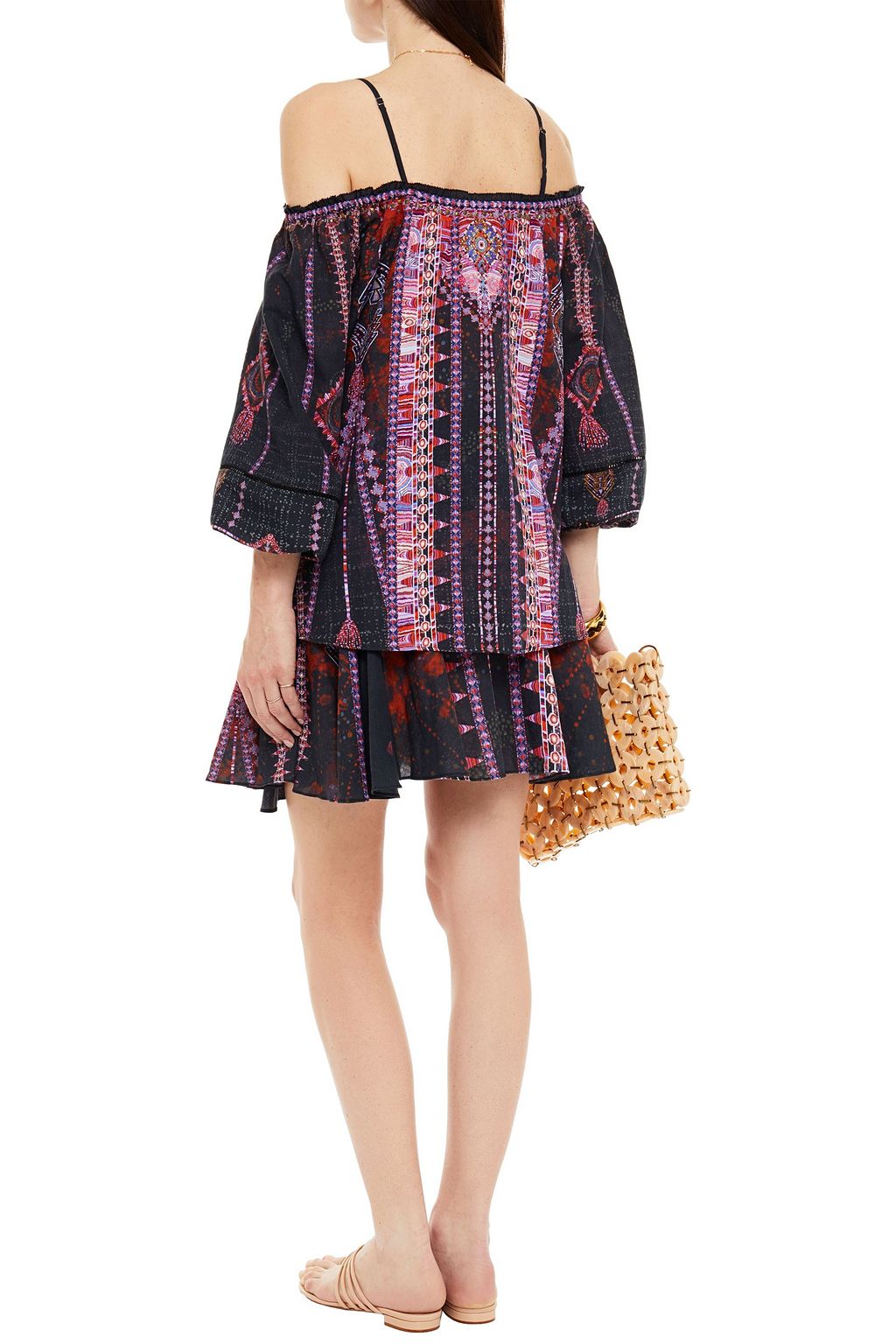 CAMILLA Cold-shoulder studded printed cotton, ramie and bamboo-blend blouse