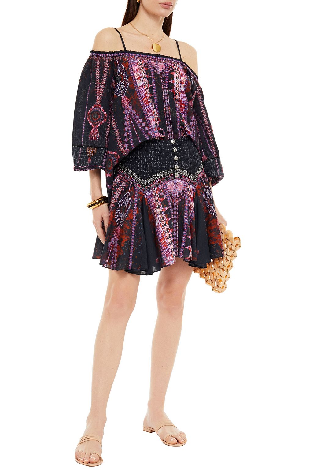 CAMILLA Cold-shoulder studded printed cotton, ramie and bamboo-blend blouse