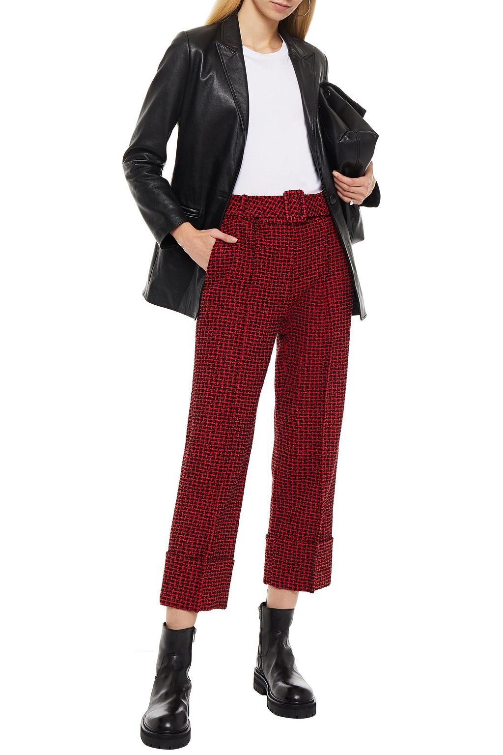 ALEXANDER WANG Cropped belted tweed straight-leg pants