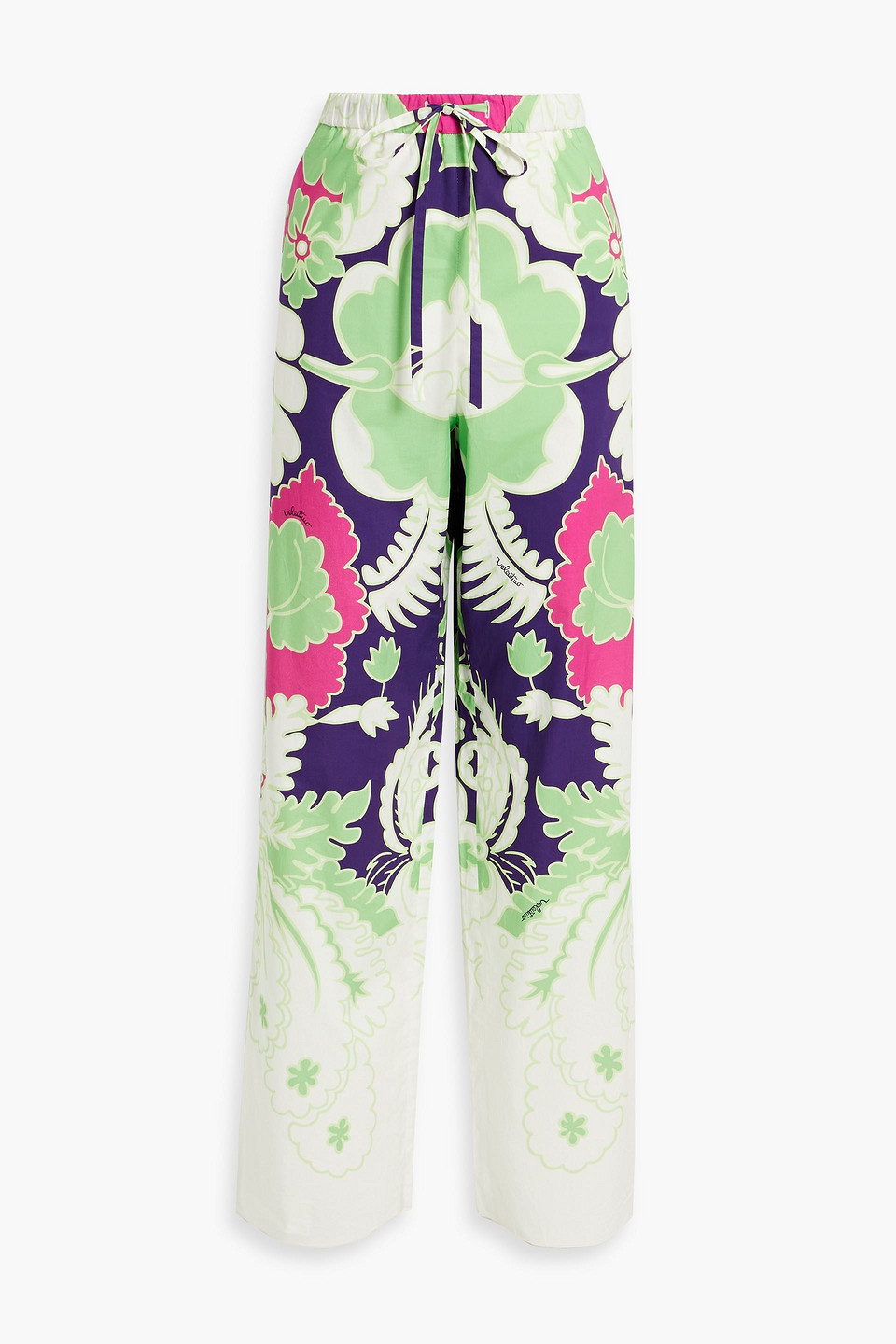 Valentino Floral Cotton High-rise Wide-leg Pants In Light Green