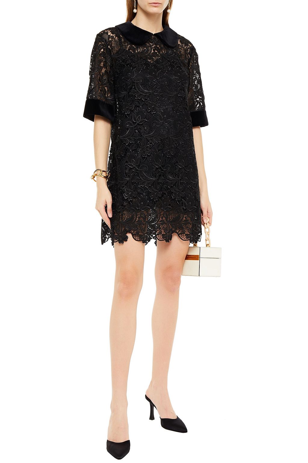 DOLCE&GABBANA Velvet-trimmed guipure lace mini dress