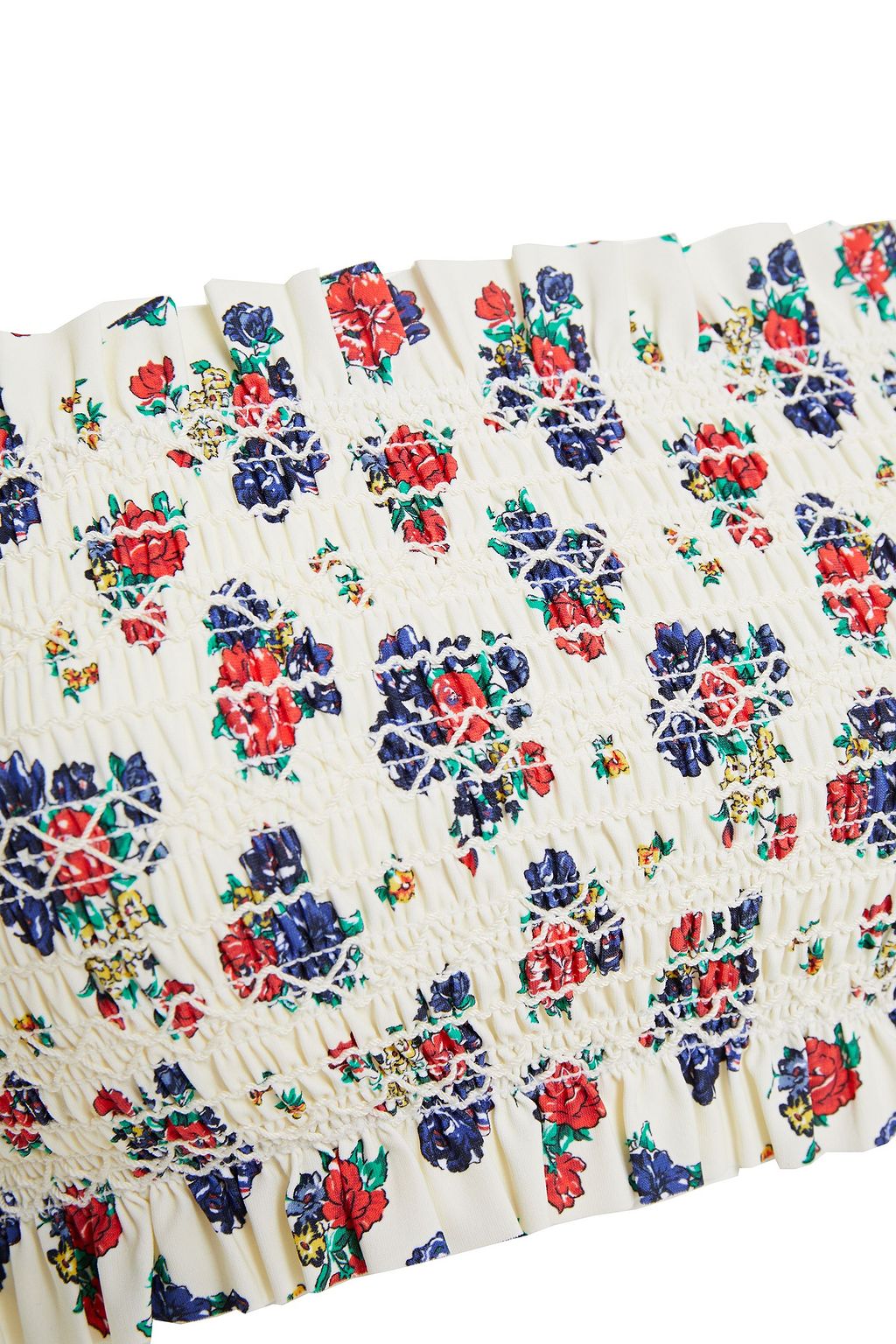 TORY BURCH Ruffle-trimmed shirred printed bandeau bikini top