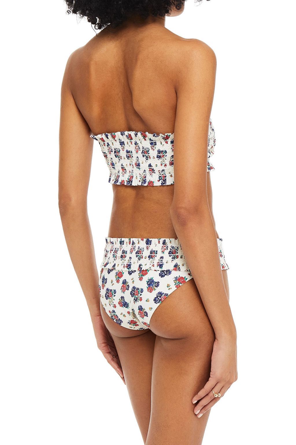 TORY BURCH Ruffle-trimmed shirred printed bandeau bikini top
