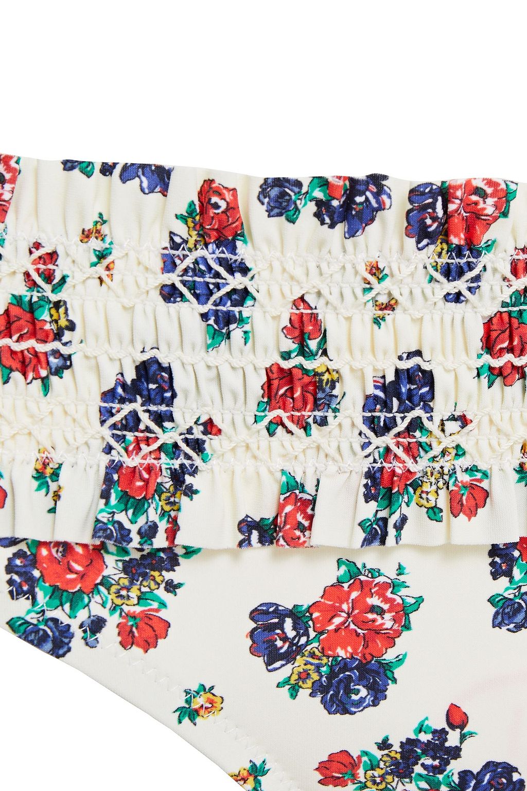 TORY BURCH Ruffle-trimmed shirred printed low-rise bikini briefs