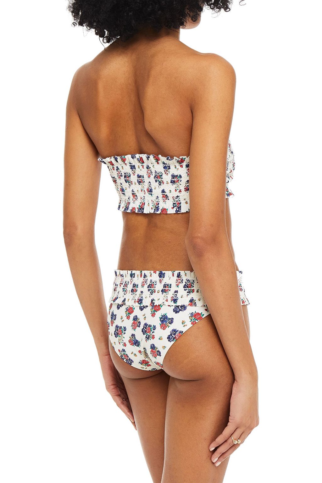 TORY BURCH Ruffle-trimmed shirred printed low-rise bikini briefs