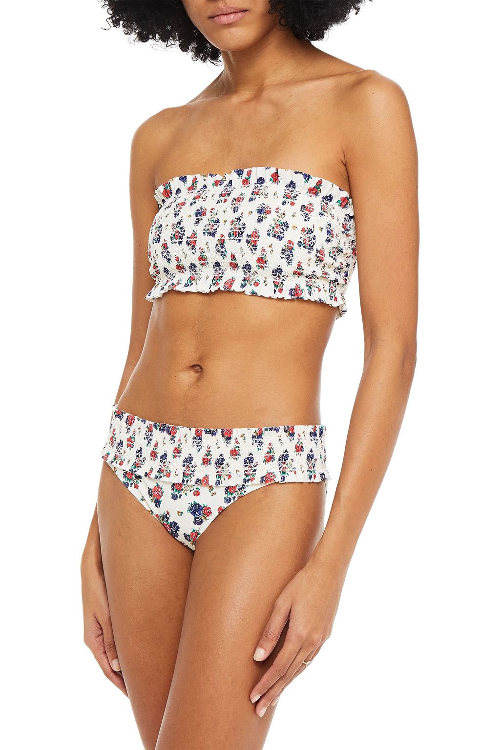 TORY BURCH Ruffle-trimmed shirred printed low-rise bikini briefs