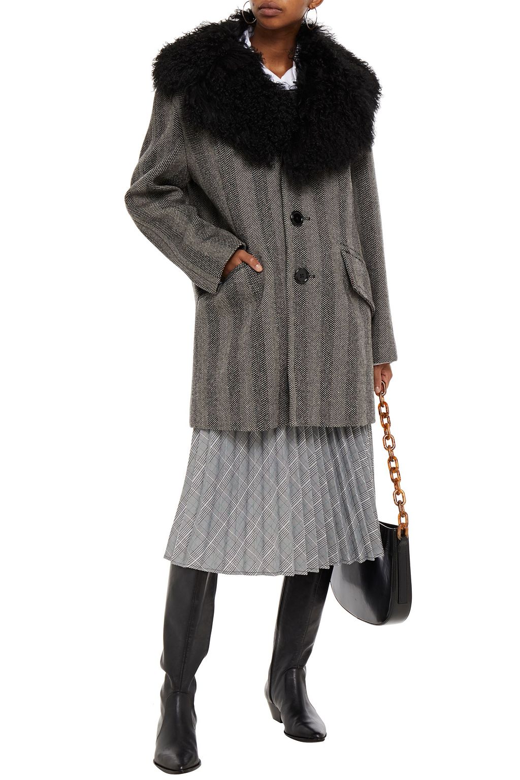 MARC JACOBS Shearling-trimmed herringbone wool coat