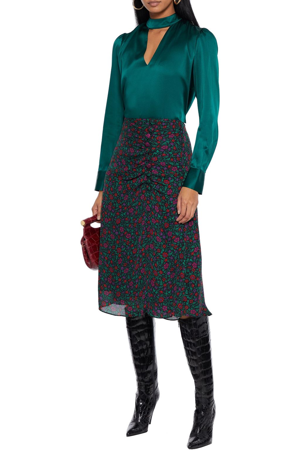 VERONICA BEARD Minetta ruched floral-print silk crepe de chine midi  skirt