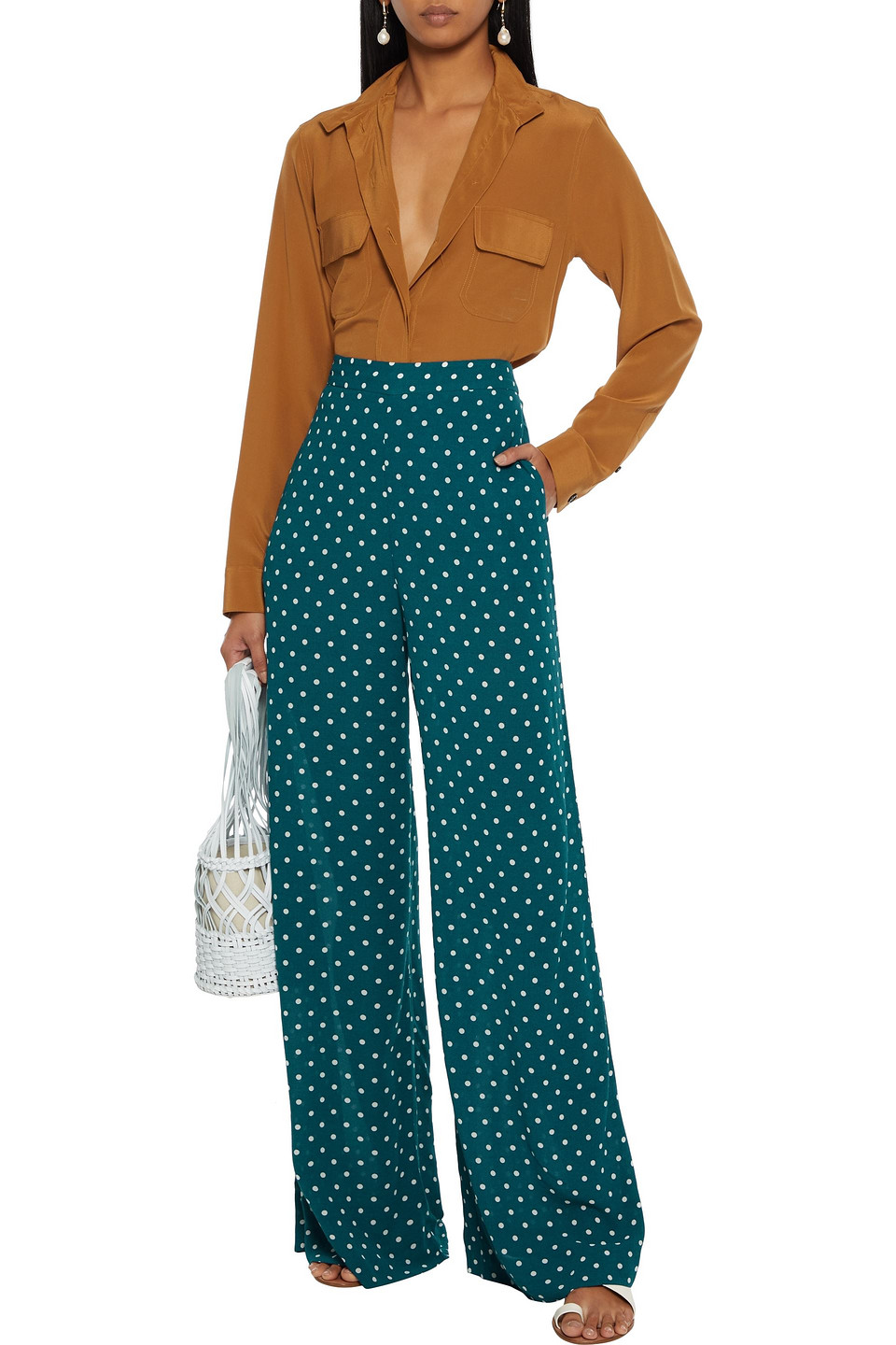 Click to view more detailed imagery on our partner's website Zimmermann Polka-dot Crepe Wide-leg Pants In Teal