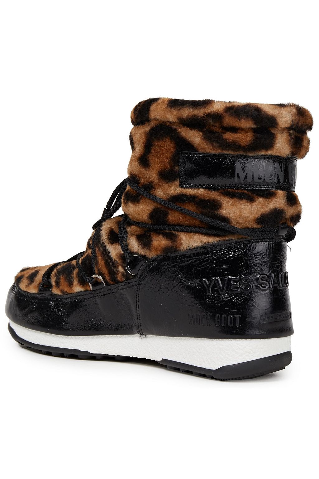 YVES SALOMON X MOON BOOT Lace-up leopard-print shearling and cracked patent-leather snow boots