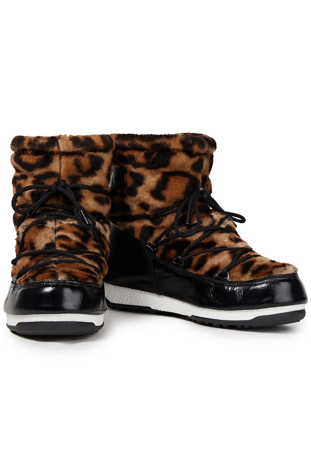 YVES SALOMON X MOON BOOT Lace-up leopard-print shearling and cracked patent-leather snow boots