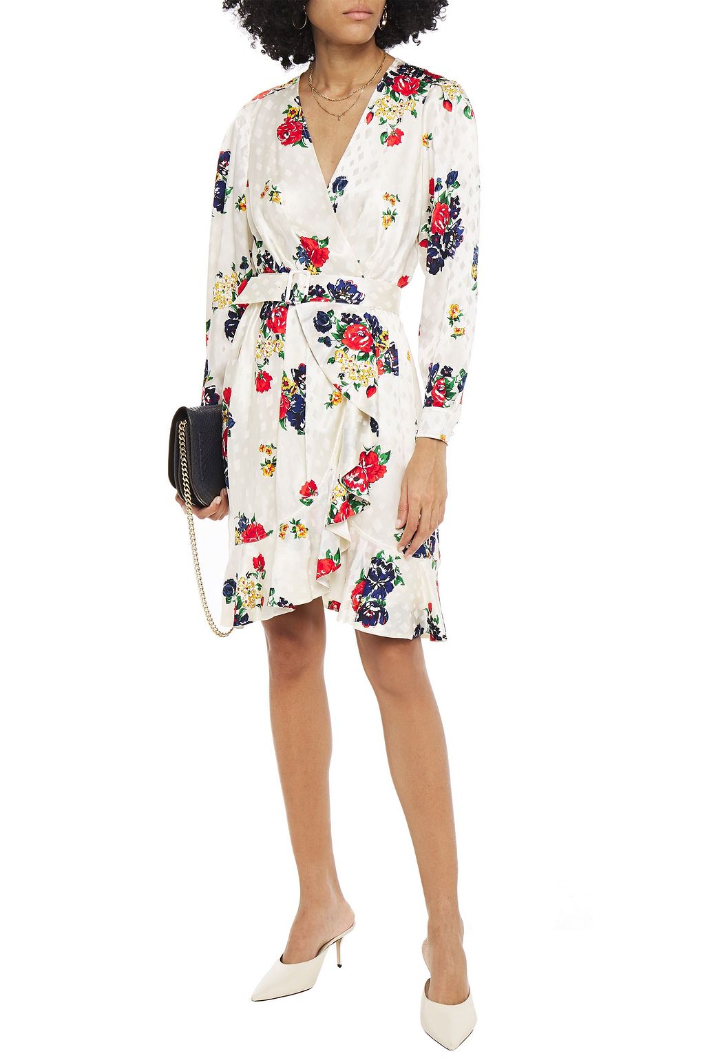 TORY BURCH Kleid aus glänzendem Seiden-Jacquard mit floralem Print und Gürtel