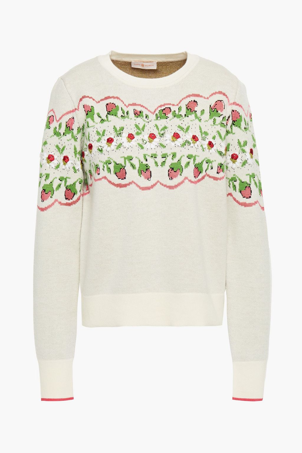 Ecru Embellished embroidered intarsia 