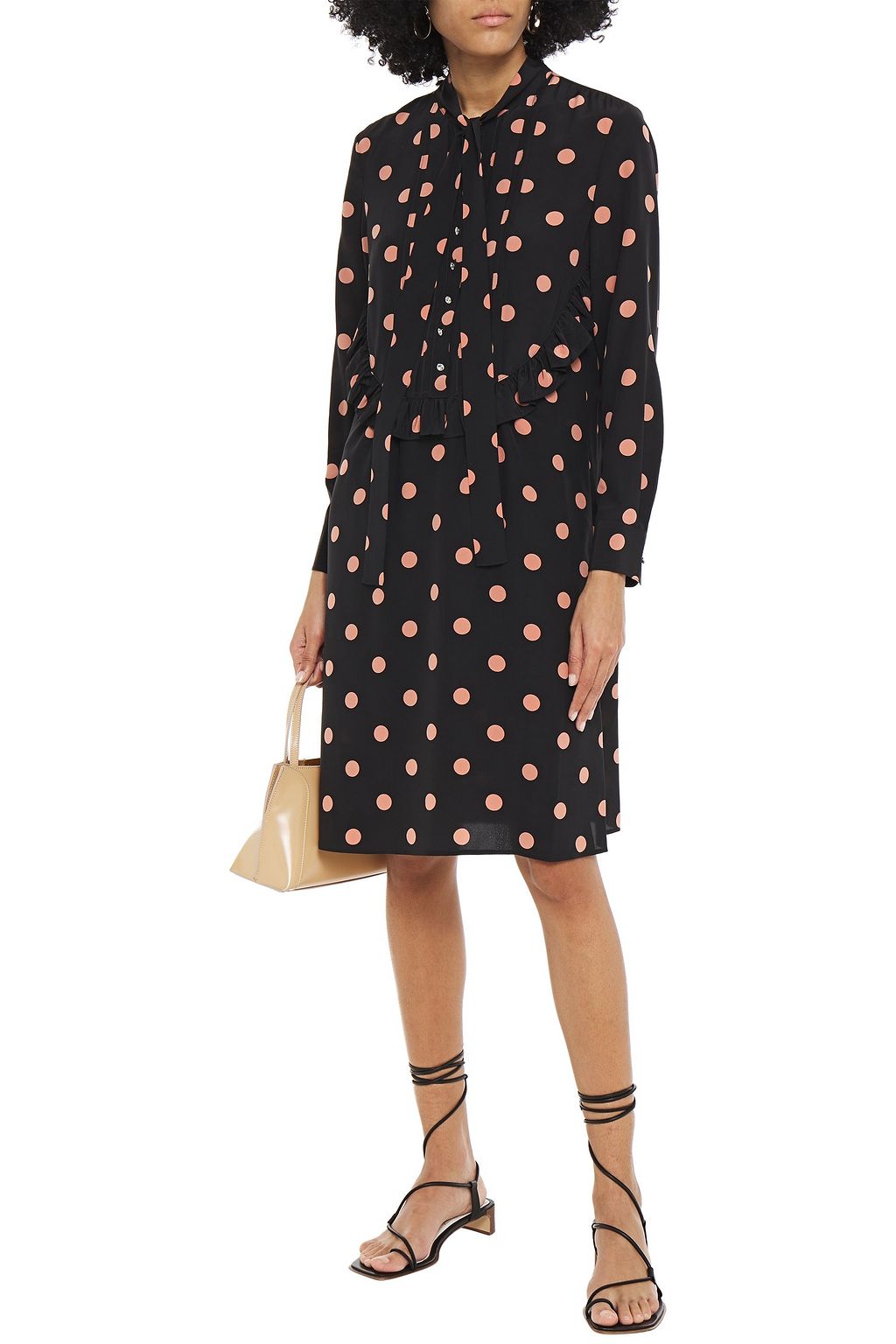 TORY BURCH Tie-neck ruffle-trimmed polka-dot silk crepe de chine dress