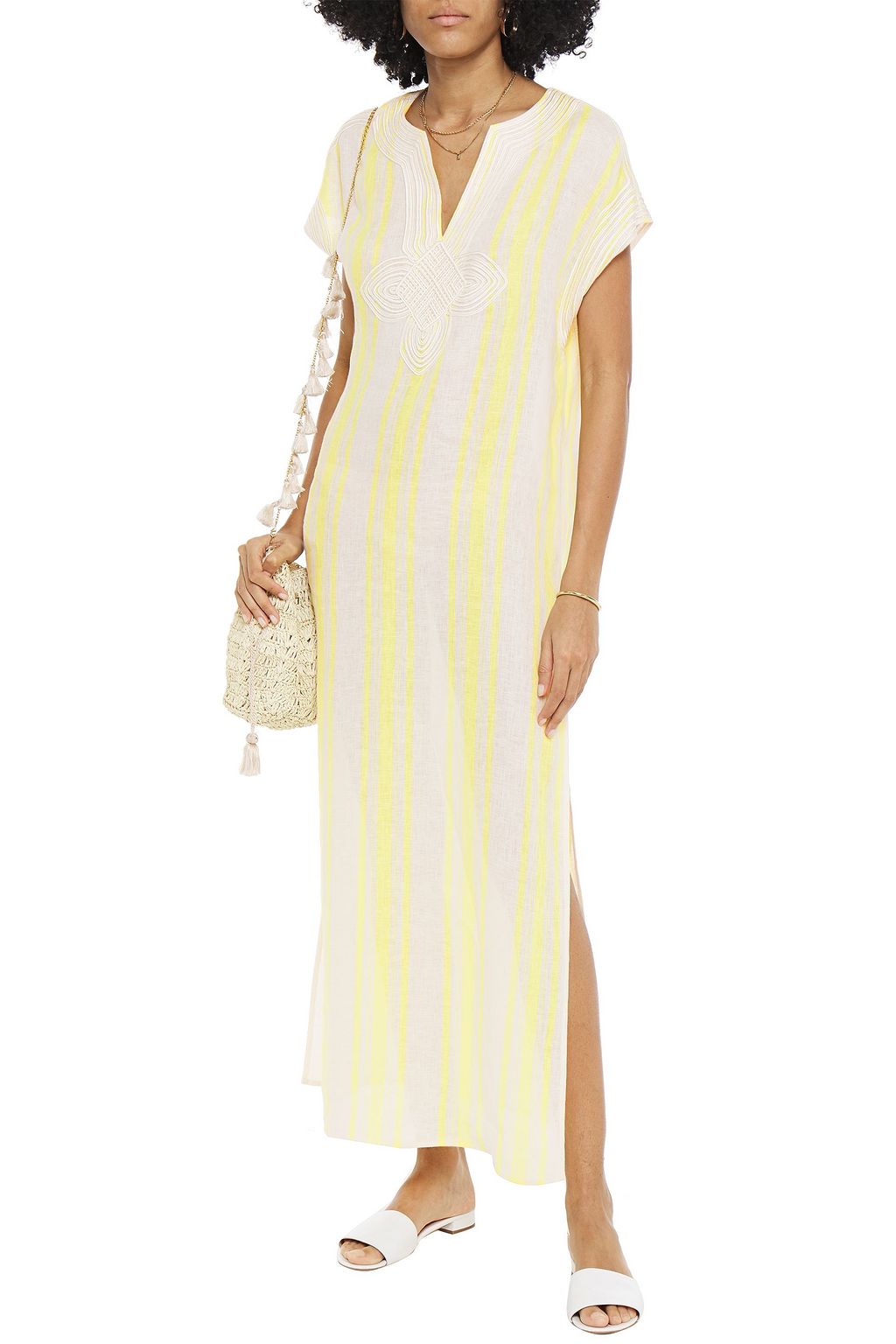 TORY BURCH Embroidered striped linen kaftan