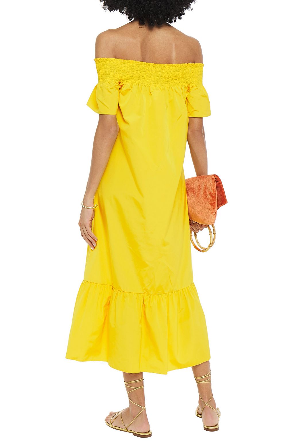 TORY BURCH Off-the-shoulder gathered silk and cotton-blend faille midi dress