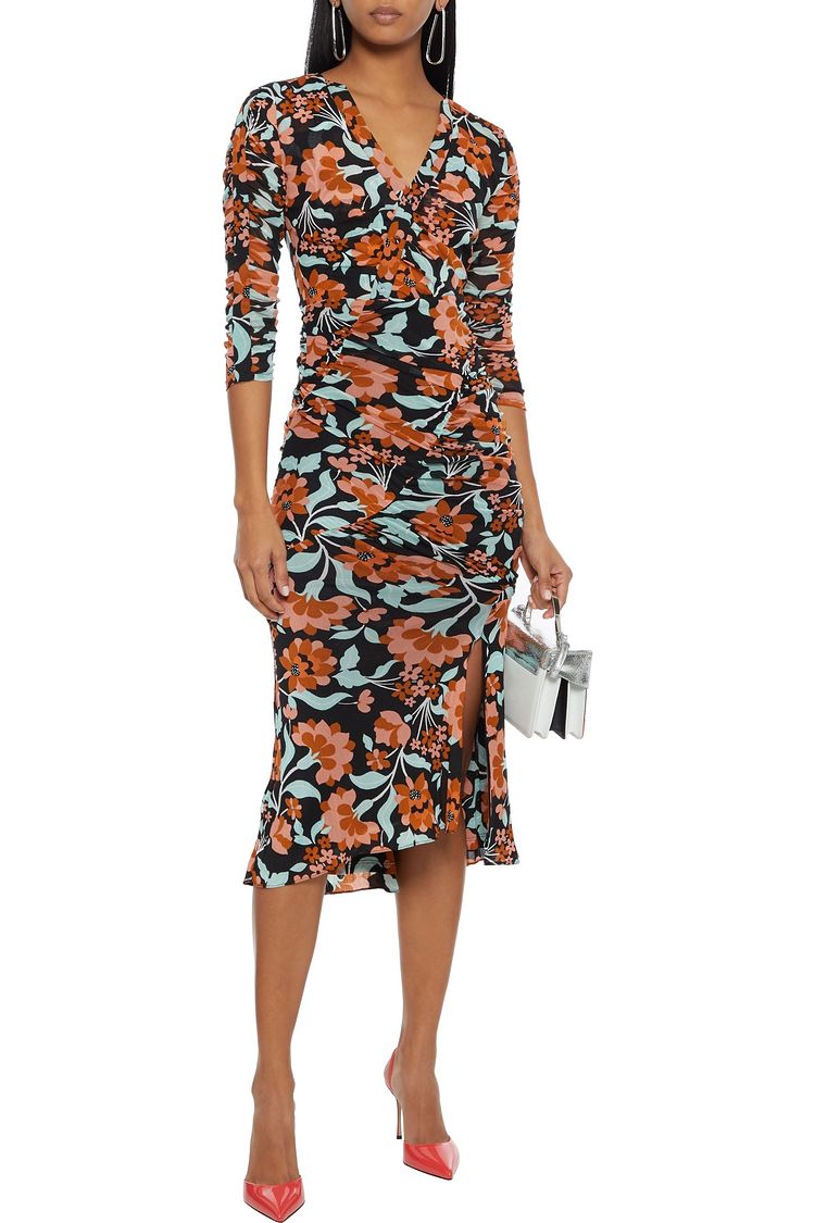 Multicolor Briella ruched polka-dot stretch-mesh midi dress | Sale up to 70% off | THE OUTNET 