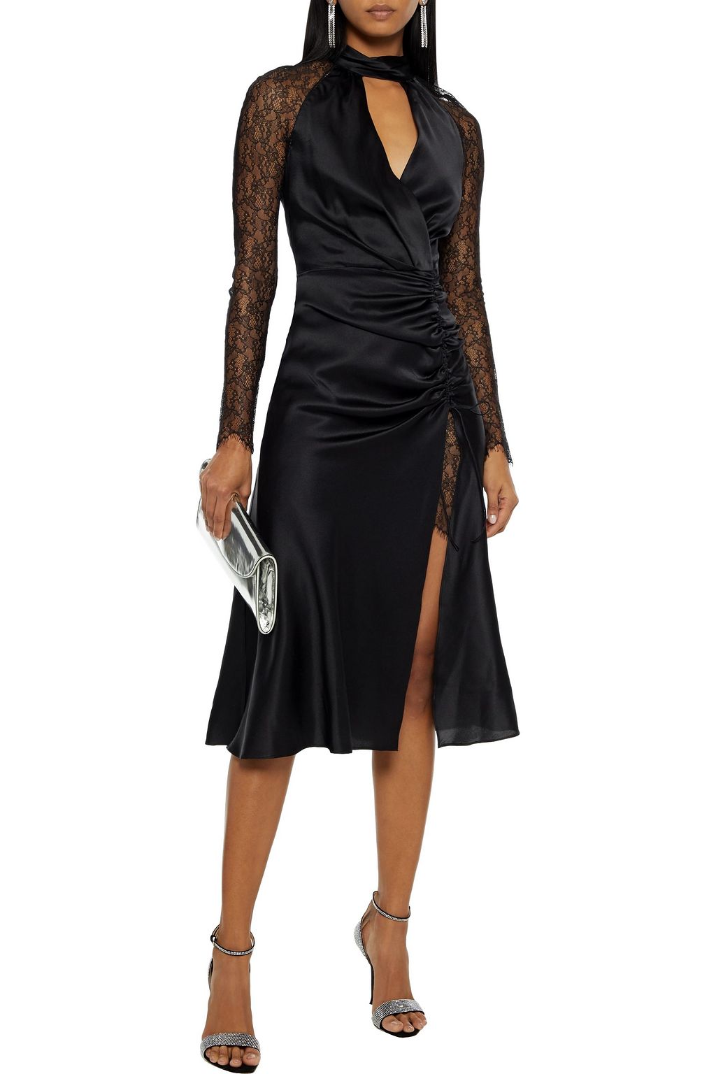 SIMKHAI Lace-paneled wrap-effect stretch-silk satin midi dress