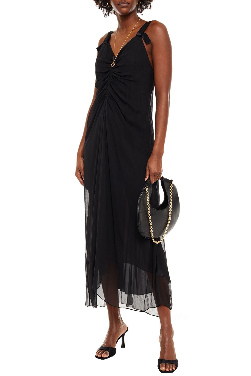 LEE MATHEWS Eve satin-trimmed ruched silk-crepon midi dress