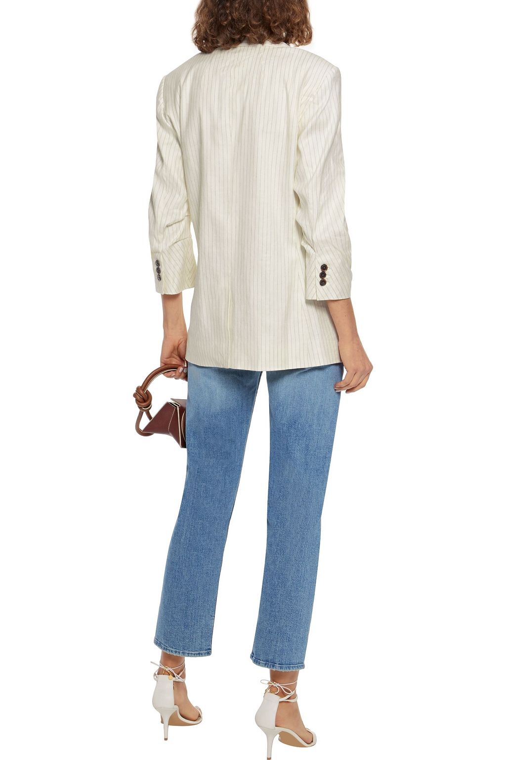 FRAME Gathered pinstriped linen-blend twill blazer