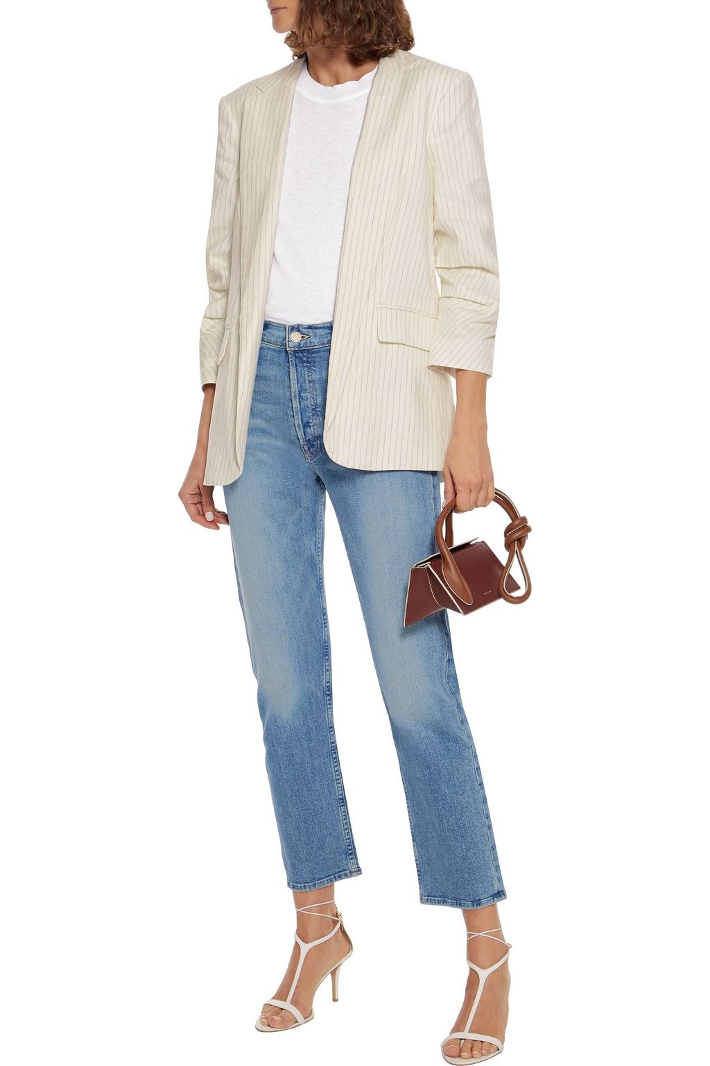 FRAME Gathered pinstriped linen-blend twill blazer