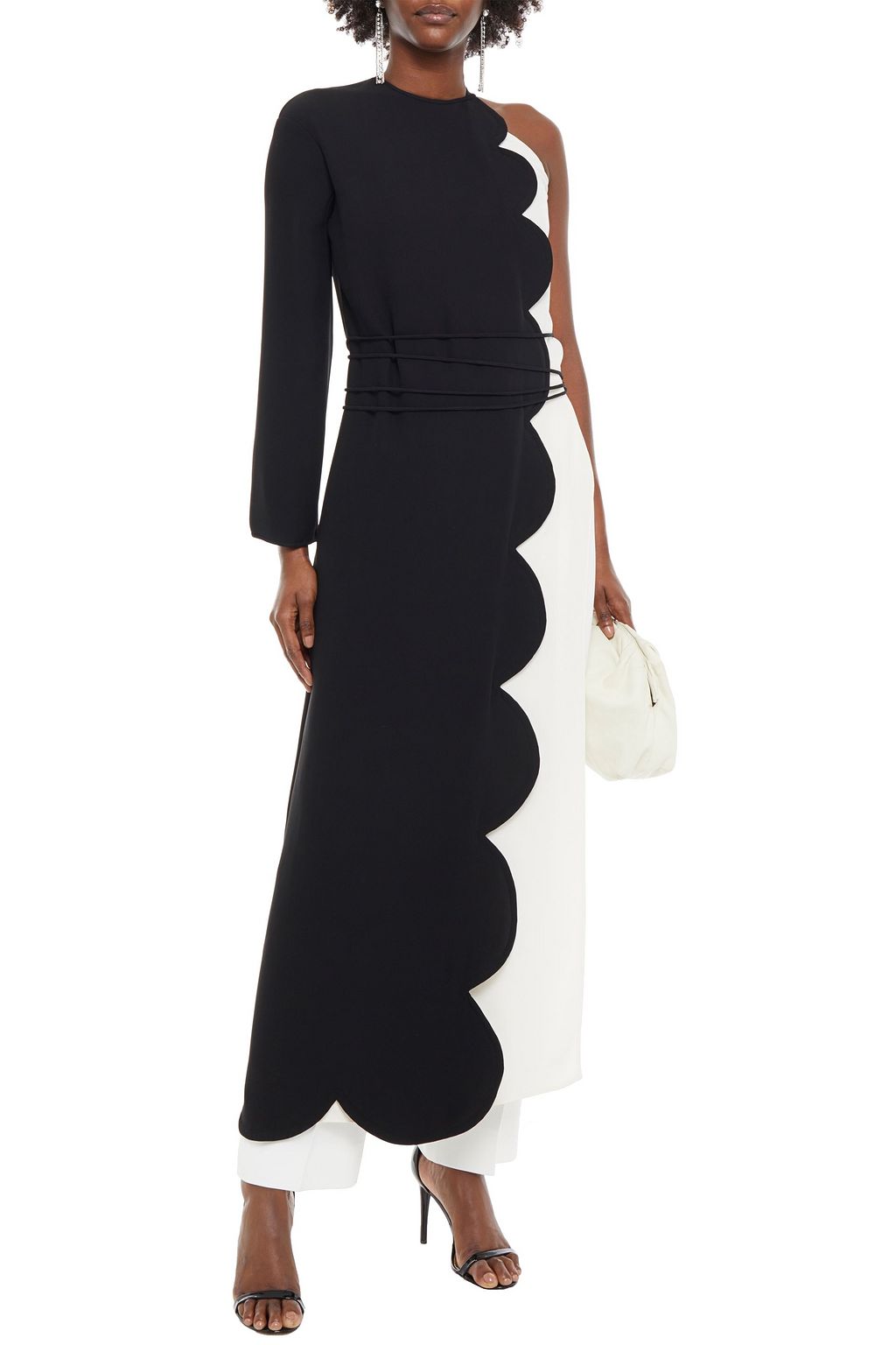 VALENTINO GARAVANI One-sleeve scalloped two-tone silk-crepe maxi dress