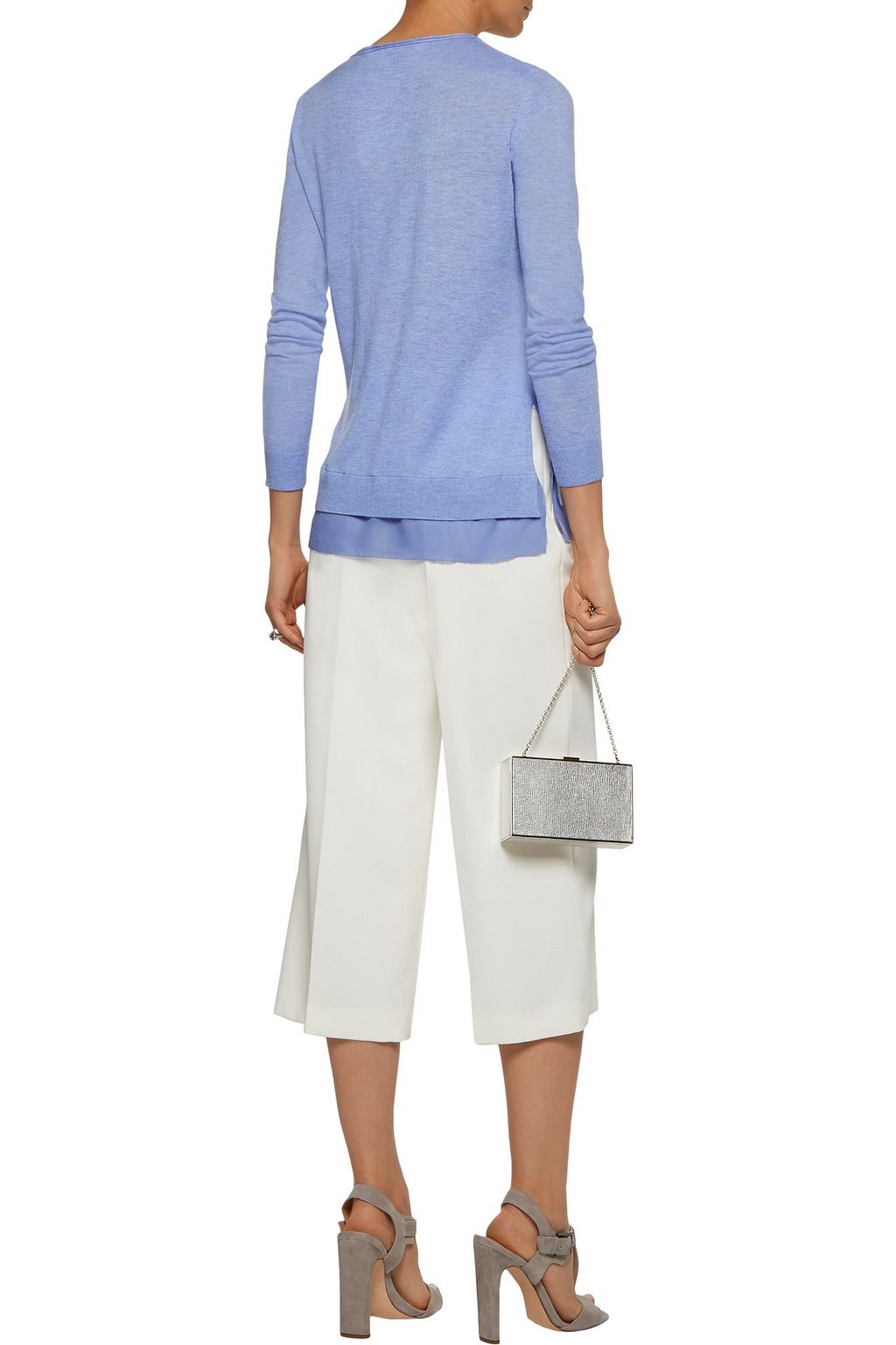 HALSTON Silk crepe de chine-trimmed stretch-knit sweater