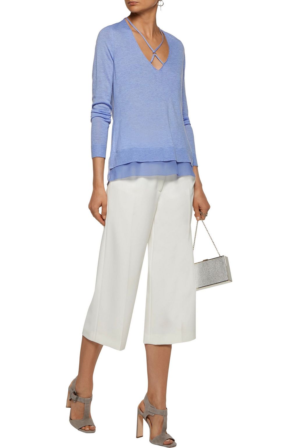 HALSTON Silk crepe de chine-trimmed stretch-knit sweater