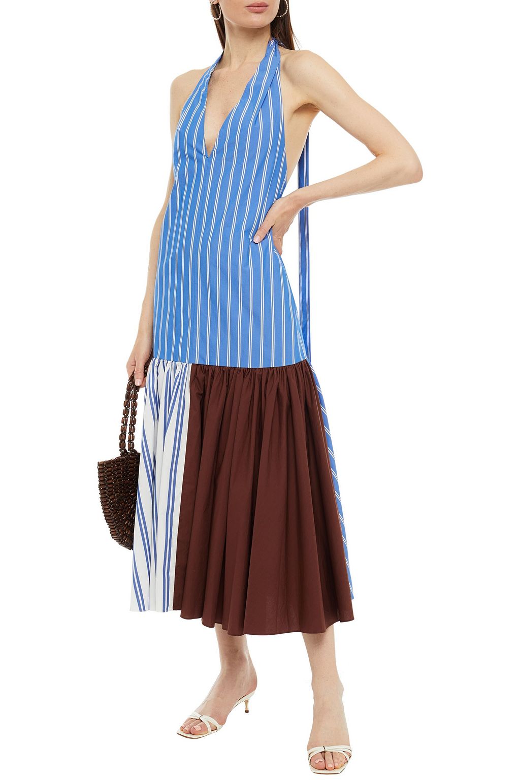 TIBI Vivian striped cotton-blend poplin halterneck midi dress