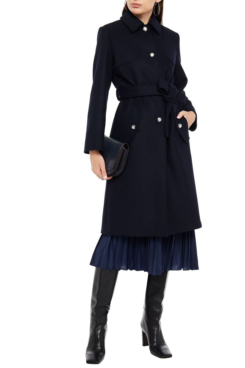 MAJE Belted brushed wool-blend felt coat