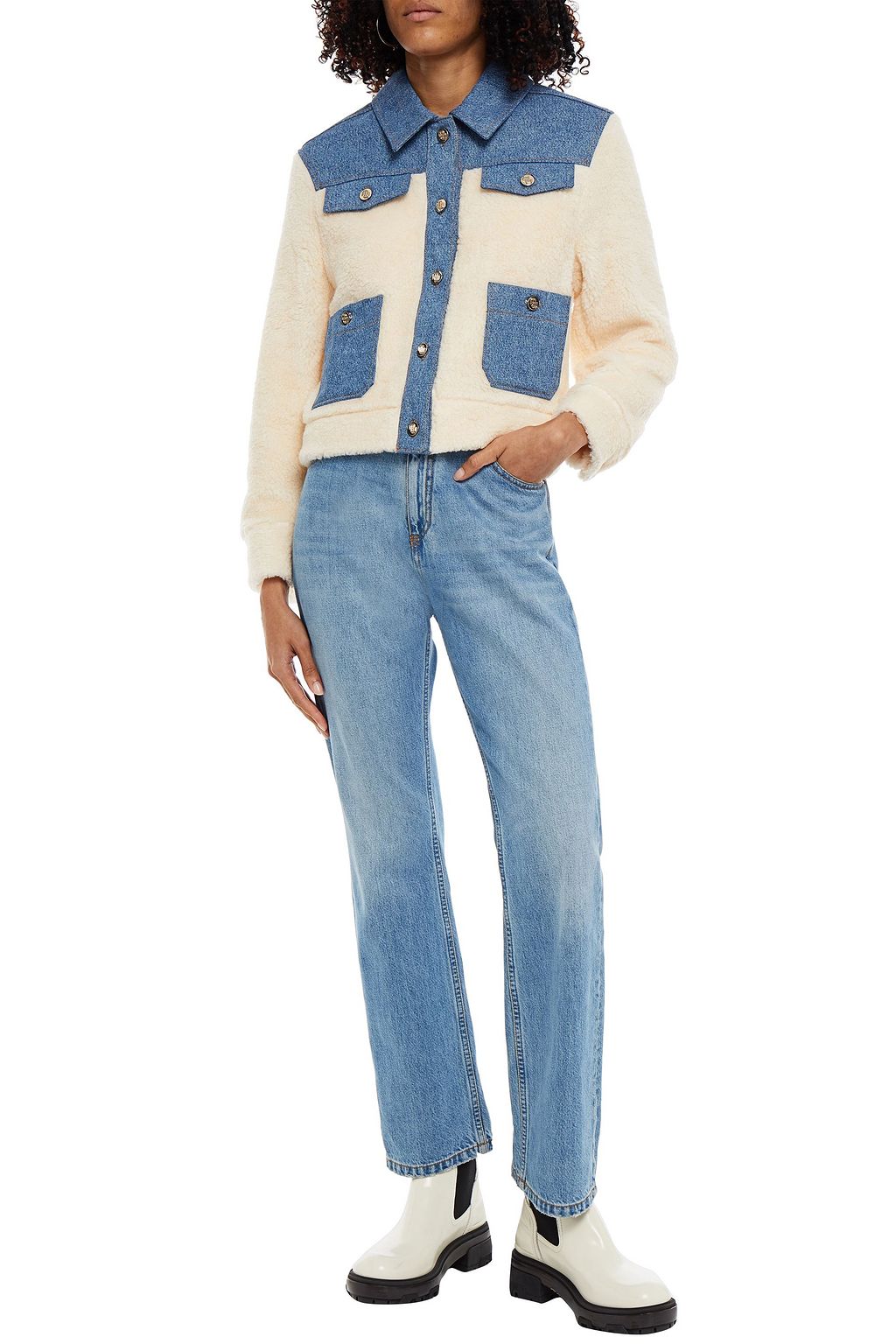 MAJE Denim-paneled faux shearling jacket