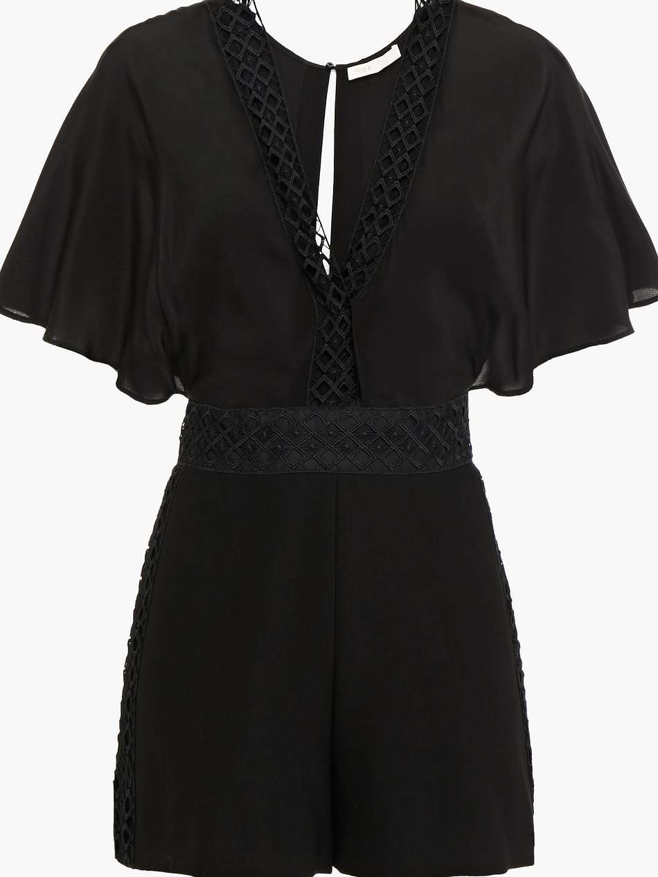 lace-trimmed twill and silk crepe de chine playsuit