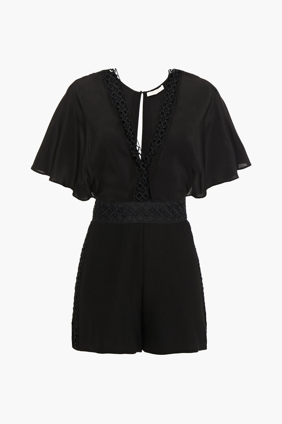 Lace-trimmed twill and silk crepe de chine playsuit