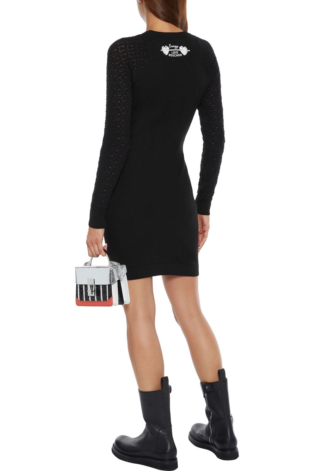 LOVE MOSCHINO Pointelle-paneled embroidered knitted mini dress