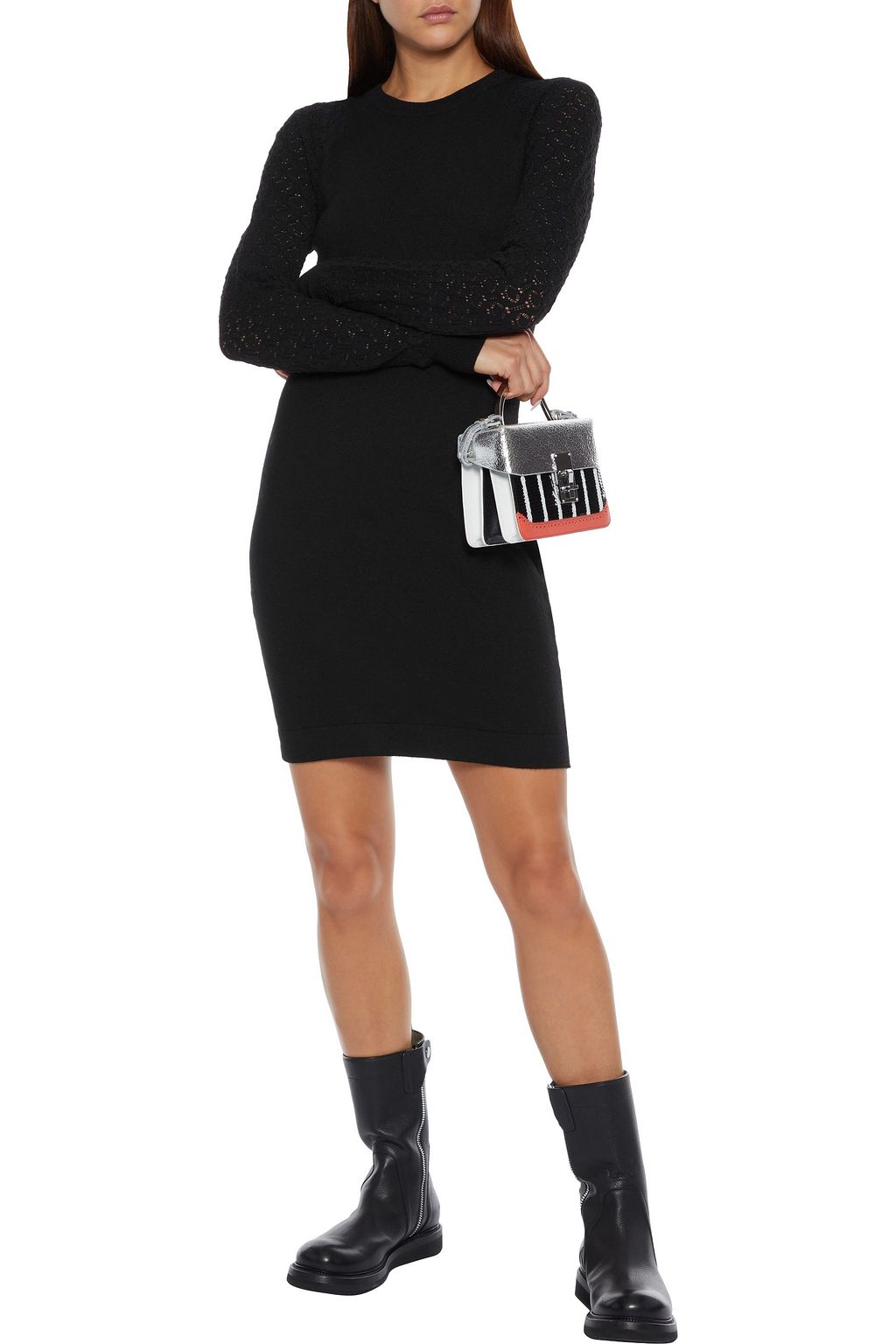 LOVE MOSCHINO Pointelle-paneled embroidered knitted mini dress