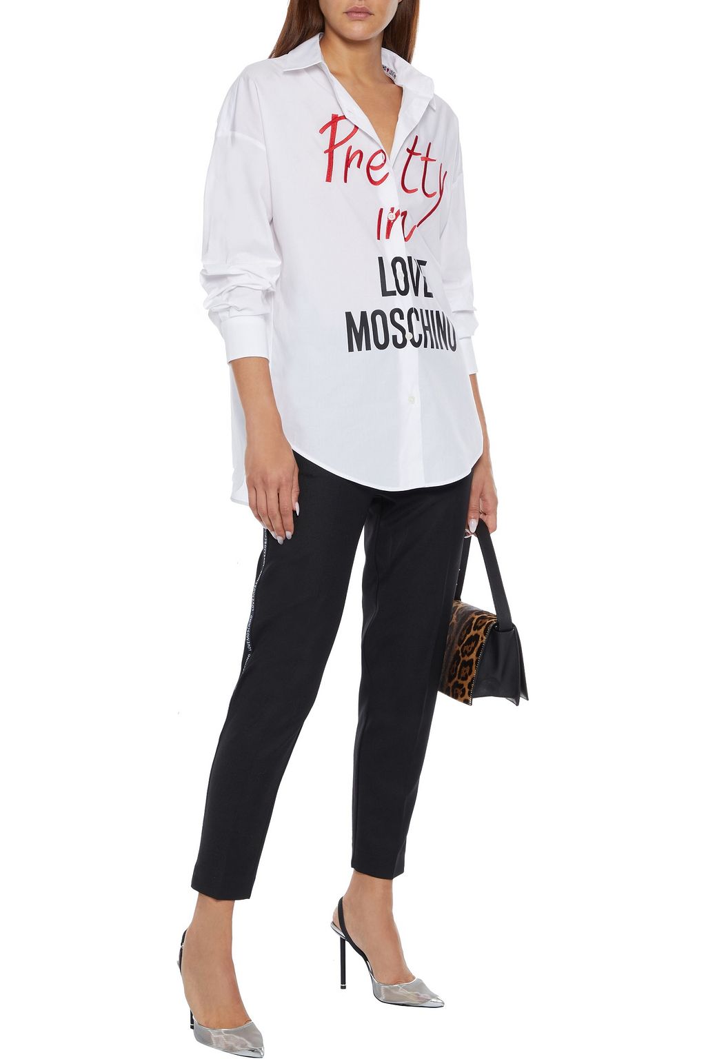 LOVE MOSCHINO Cropped monogram-trimmed twill slim-leg pants